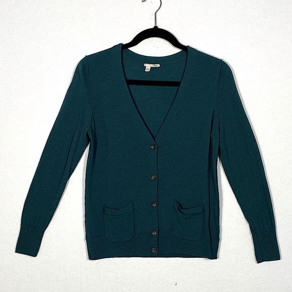 Halogen 100% Merino Wool Dark Green V-Neck Cardigan Sweater size large - Picture 2 of 12